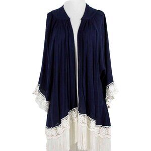 Jodifl Sz S Navy Cream Fringe Embroidered 100% Rayon Wrap Sweater